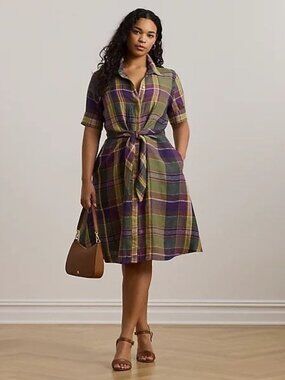 $195 Lauren Ralph Lauren Plaid Tie-Front Linen Shirtdress Purple Size 20W
